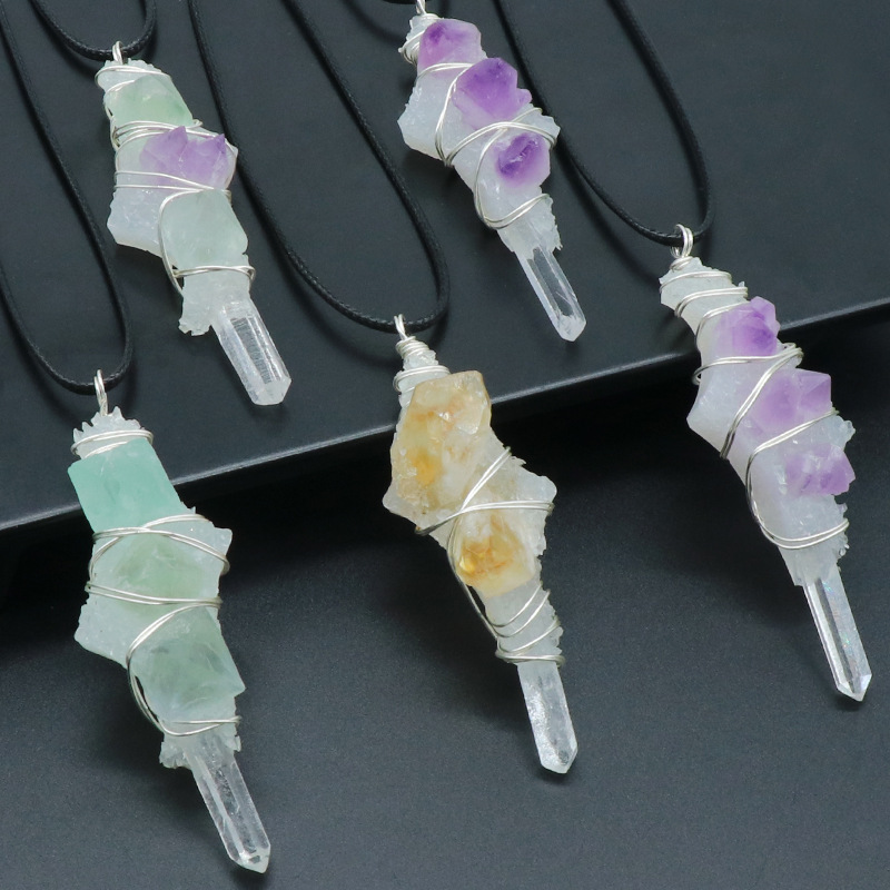 Crystal column raw stone inlaid wire pendant raw stone glue resin glue base necklace