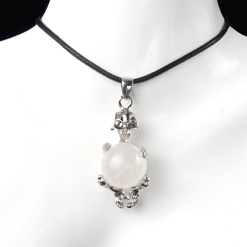 16mm crystal agate stone sphere skull pendant necklace