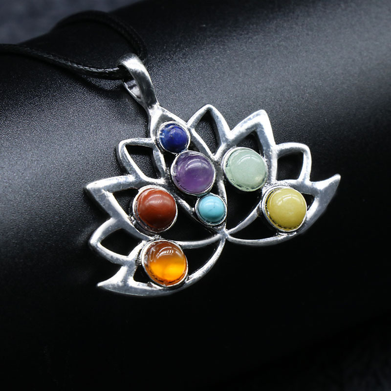 Natural crystal semi-precious stone inlaid alloy lotus pendant natural crystal colorful stone yoga jewelry necklace