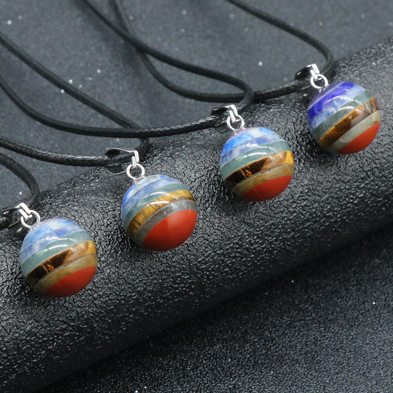 Natural crystal stone colorful stone 14mm ball pendant Chakra splicing colored stone necklace