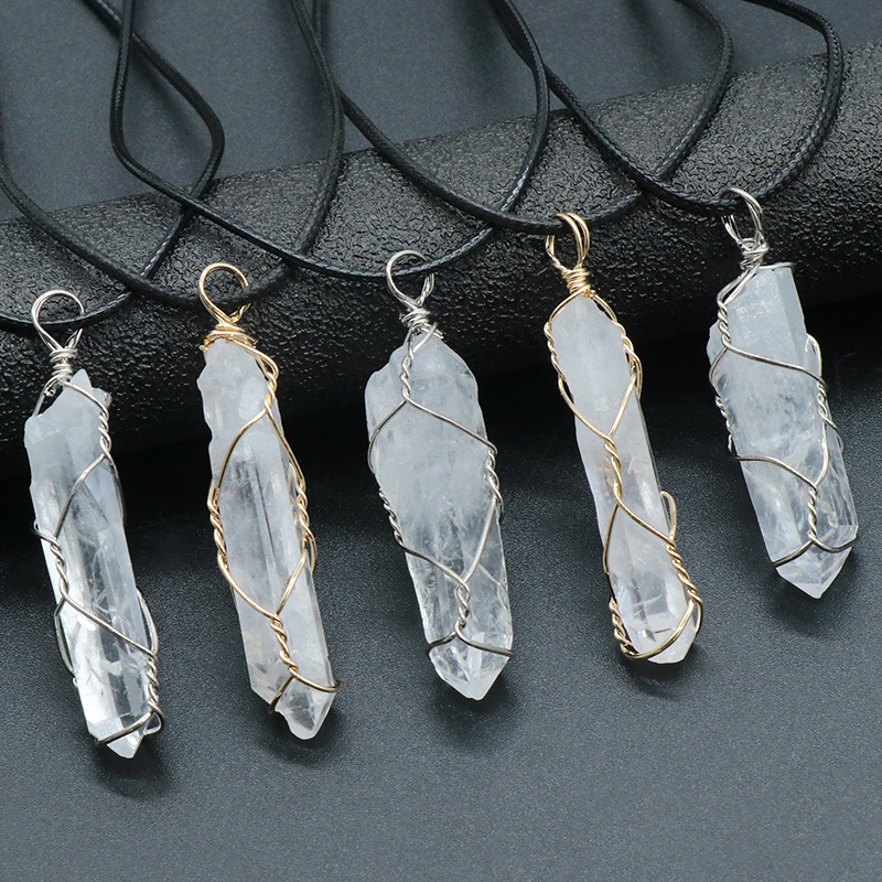 clear quartz original stone crystal column irregular wire pendant gold silver white crystal necklace