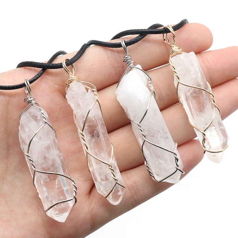 clear quartz original stone crystal column irregular wire pendant gold silver white crystal necklace