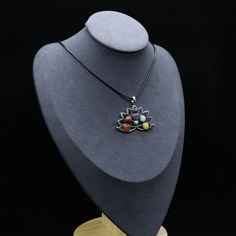 Natural crystal semi-precious stone inlaid alloy lotus pendant natural crystal colorful stone yoga jewelry necklace
