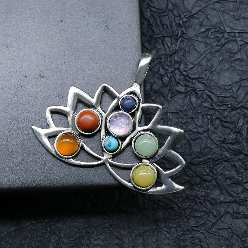 Natural crystal semi-precious stone inlaid alloy lotus pendant natural crystal colorful stone yoga jewelry necklace