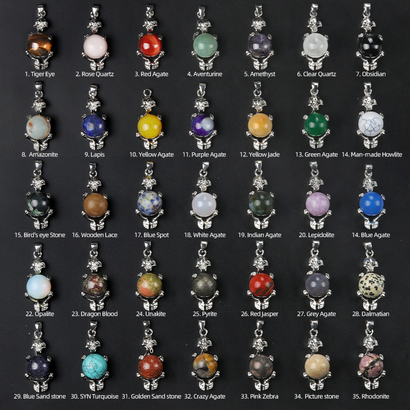 16mm crystal agate stone sphere skull pendant necklace