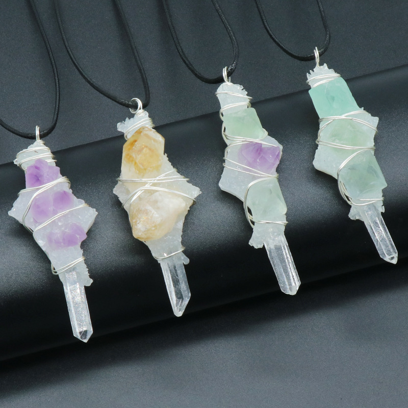Crystal column raw stone inlaid wire pendant raw stone glue resin glue base necklace