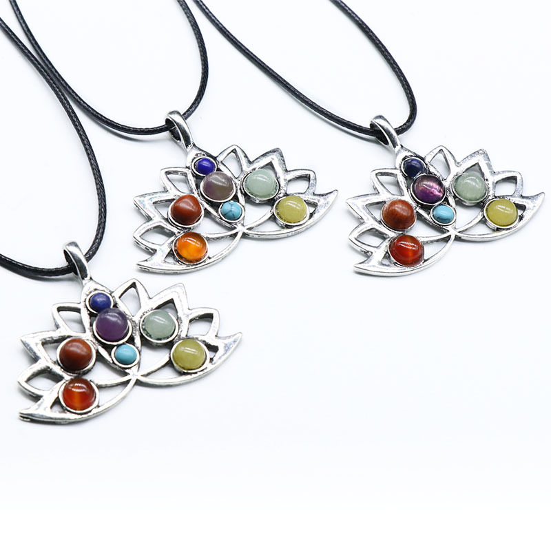 Natural crystal semi-precious stone inlaid alloy lotus pendant natural crystal colorful stone yoga jewelry necklace