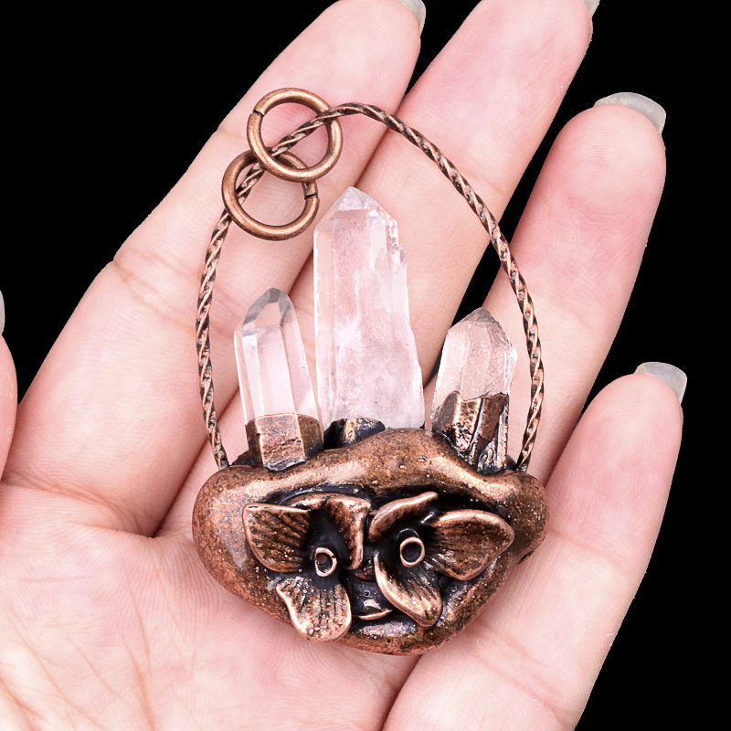 Natural white crystal three raw stone flower basket pendant Vintage inlaid crystal necklace