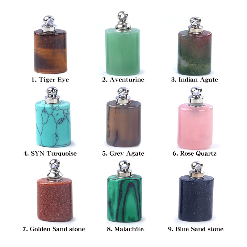 Natural stone rectangular perfume bottle pendant pink crystal essential oil bottle pendant DIY necklace pendant
