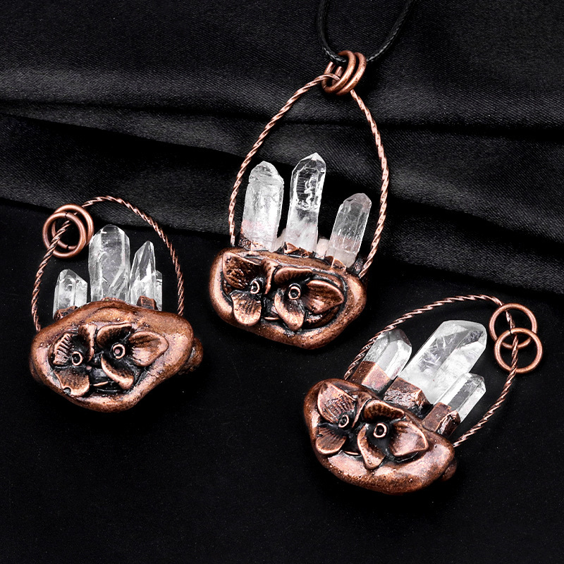 Natural white crystal three raw stone flower basket pendant Vintage inlaid crystal necklace
