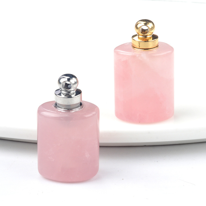 Natural stone rectangular perfume bottle pendant pink crystal essential oil bottle pendant DIY necklace pendant