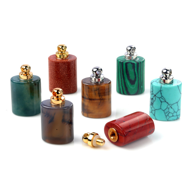 Natural stone rectangular perfume bottle pendant pink crystal essential oil bottle pendant DIY necklace pendant