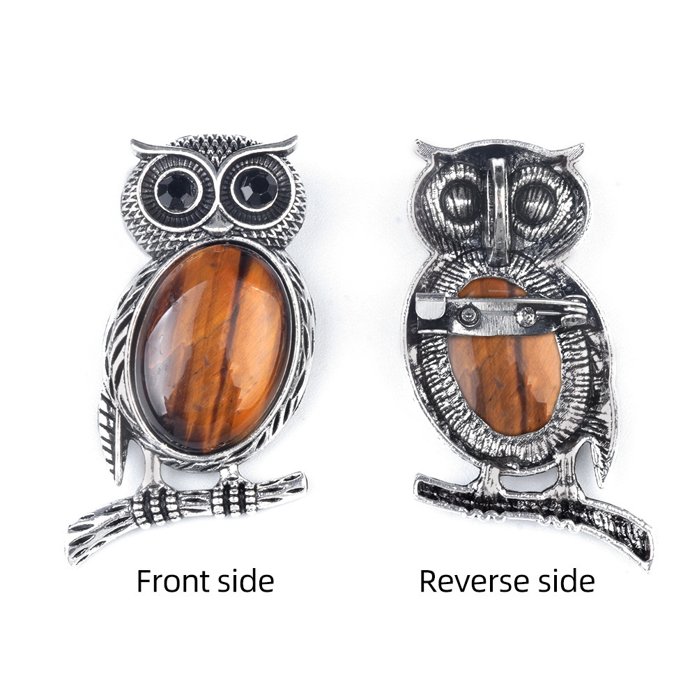 Natural stone Owl Necklace Crystal Agate Semi-precious Stone Alloy Owl Necklace Pendant Brooch