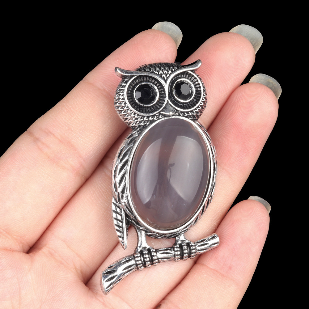 Natural stone Owl Necklace Crystal Agate Semi-precious Stone Alloy Owl Necklace Pendant Brooch