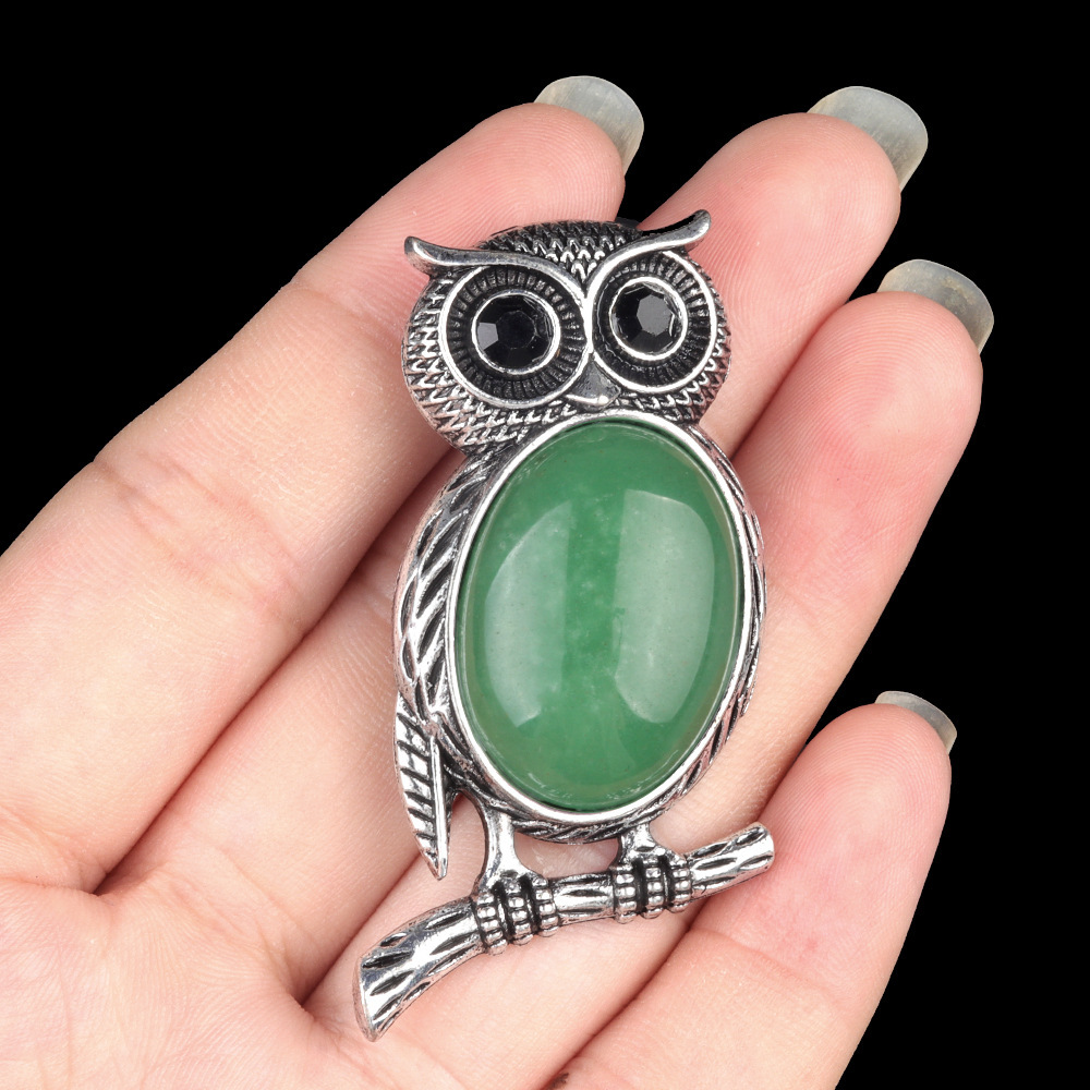 Natural stone Owl Necklace Crystal Agate Semi-precious Stone Alloy Owl Necklace Pendant Brooch