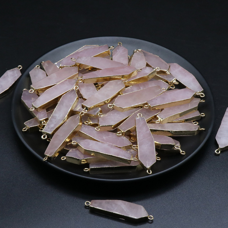 Rose Quartz Irregular Strip Gilded Double Ear Pendant DIY Braided Bracelet Necklace Ethnic Style Jewelry Material
