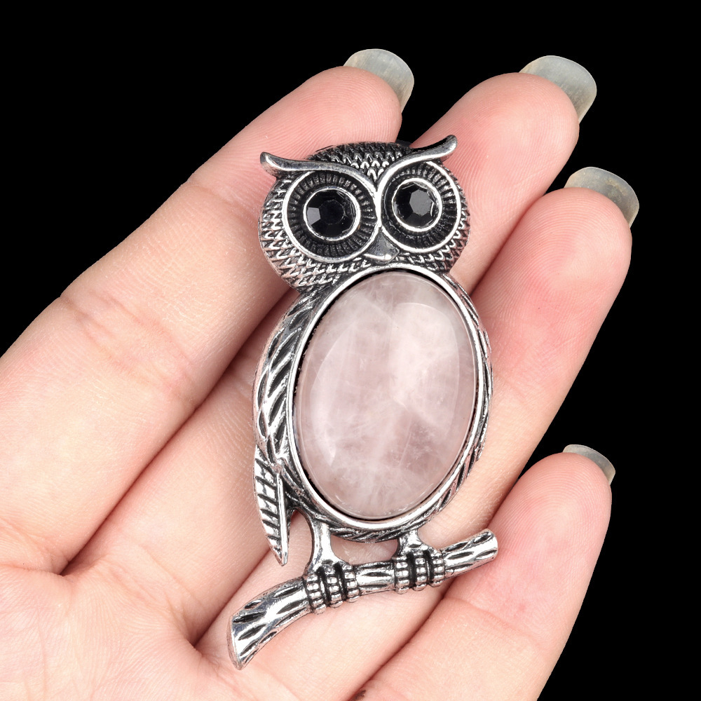 Natural stone Owl Necklace Crystal Agate Semi-precious Stone Alloy Owl Necklace Pendant Brooch