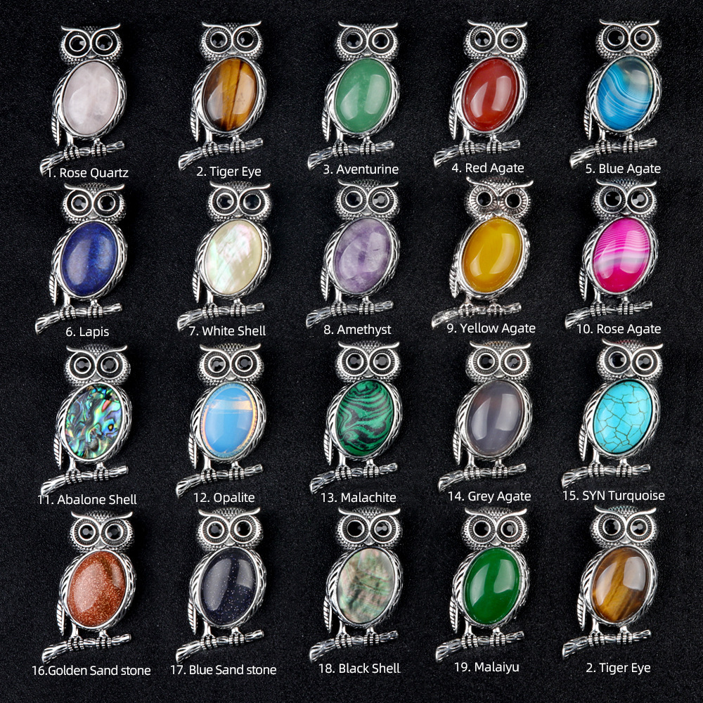 Natural stone Owl Necklace Crystal Agate Semi-precious Stone Alloy Owl Necklace Pendant Brooch