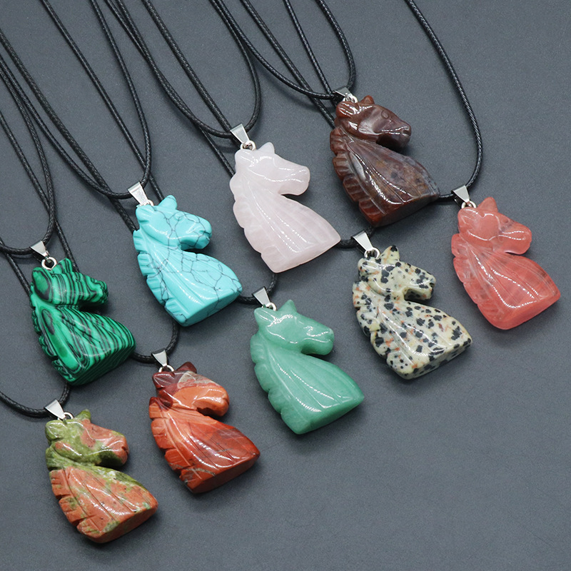 Natural crystal carved unicorn pendant necklace Tiger eye pink crystal unicorn pendant