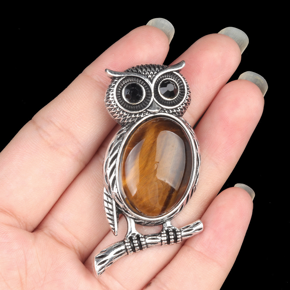 Natural stone Owl Necklace Crystal Agate Semi-precious Stone Alloy Owl Necklace Pendant Brooch