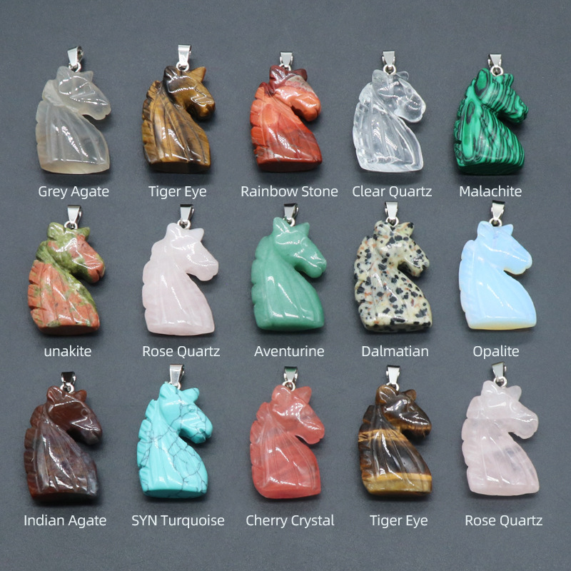 Natural crystal carved unicorn pendant necklace Tiger eye pink crystal unicorn pendant