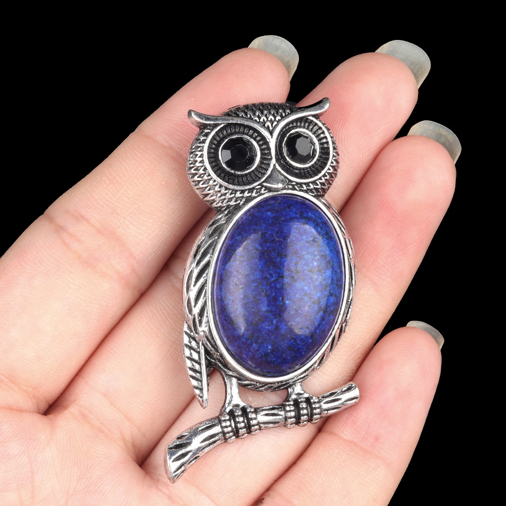 Natural stone Owl Necklace Crystal Agate Semi-precious Stone Alloy Owl Necklace Pendant Brooch