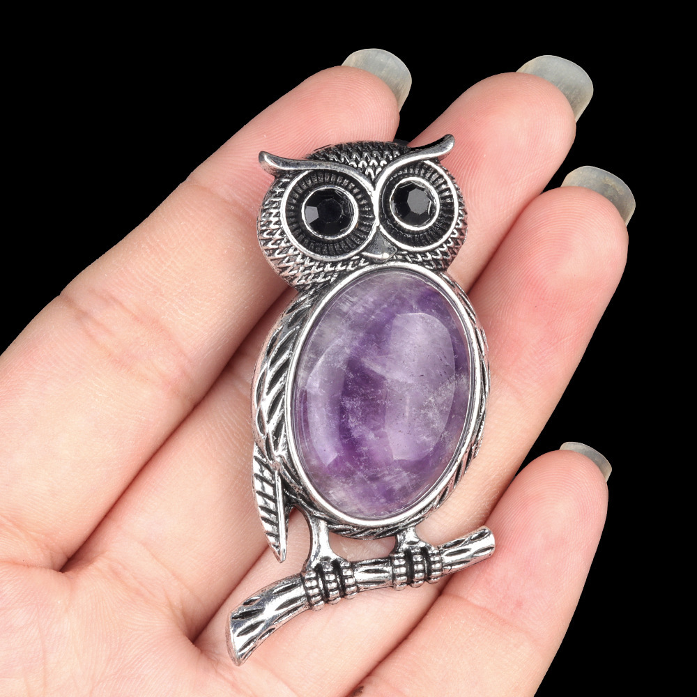 Natural stone Owl Necklace Crystal Agate Semi-precious Stone Alloy Owl Necklace Pendant Brooch