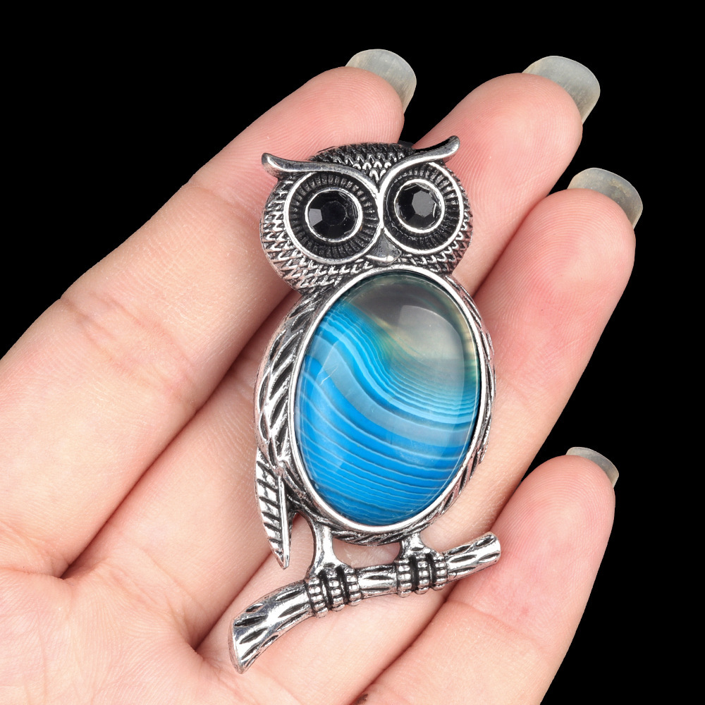Natural stone Owl Necklace Crystal Agate Semi-precious Stone Alloy Owl Necklace Pendant Brooch