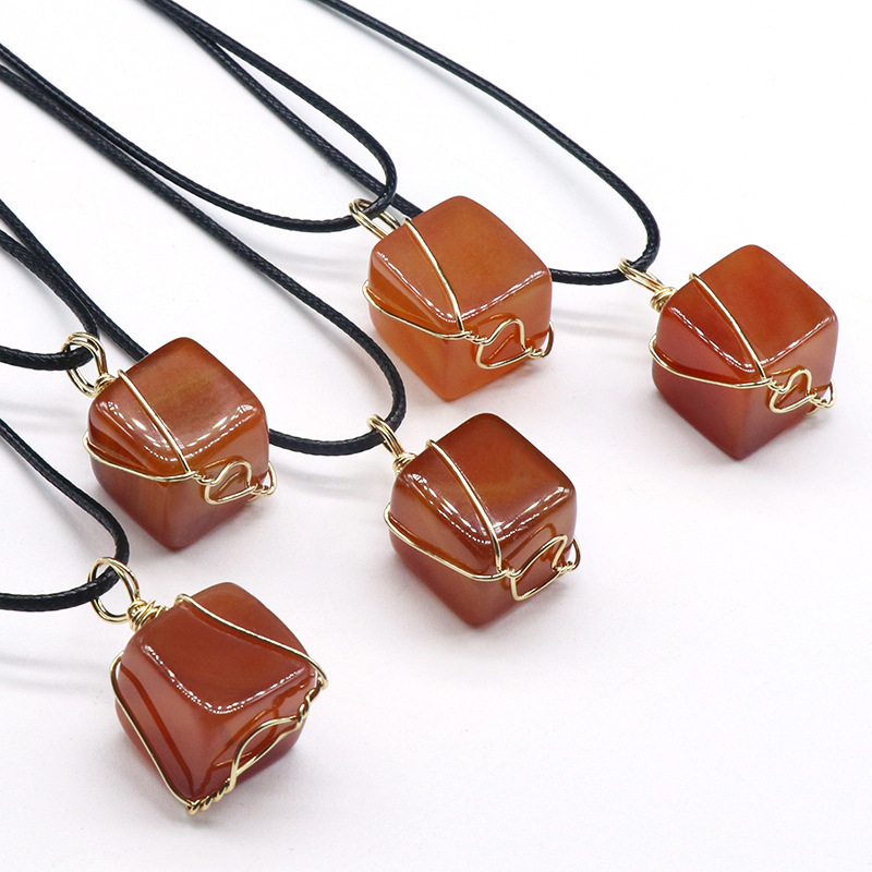 Irregular small square red agate wire-wrapped square pendant Simple European and American style leather rope necklace