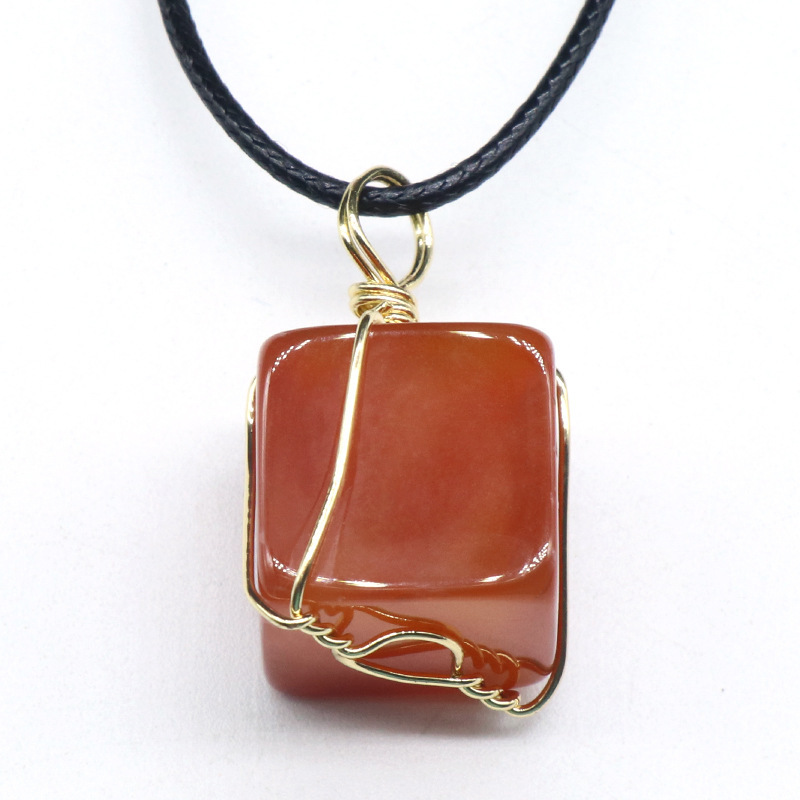 Irregular small square red agate wire-wrapped square pendant Simple European and American style leather rope necklace