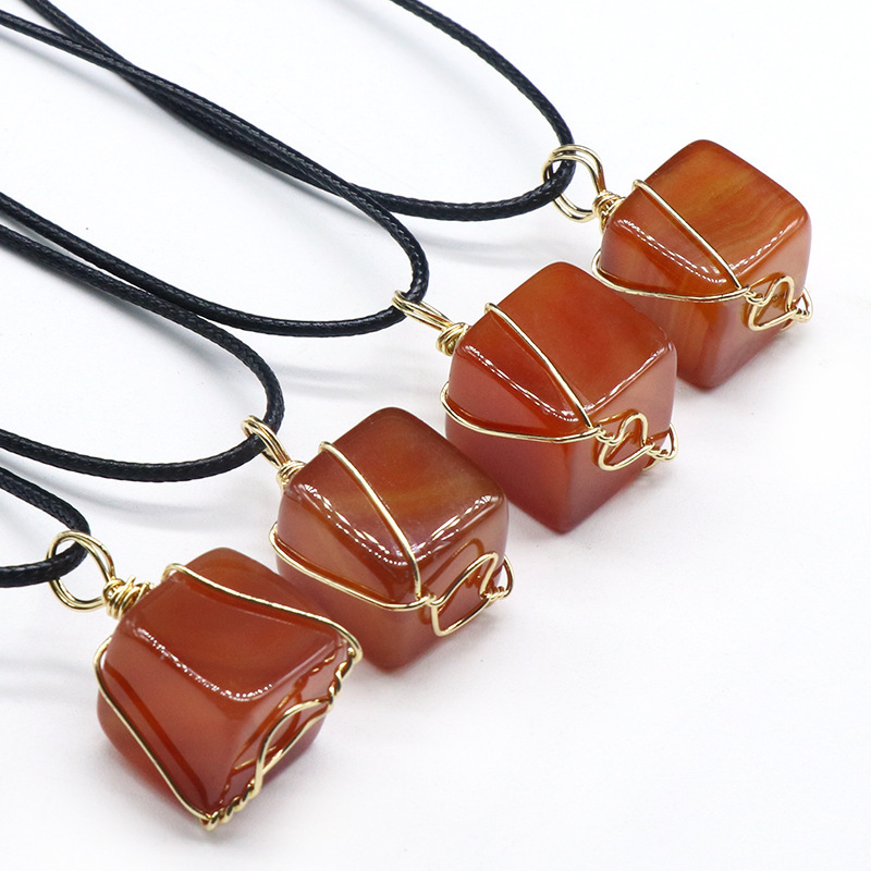 Irregular small square red agate wire-wrapped square pendant Simple European and American style leather rope necklace
