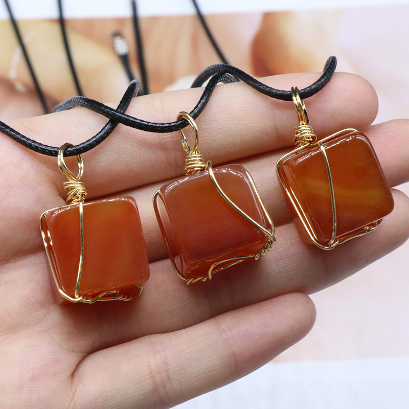 Irregular small square red agate wire-wrapped square pendant Simple European and American style leather rope necklace