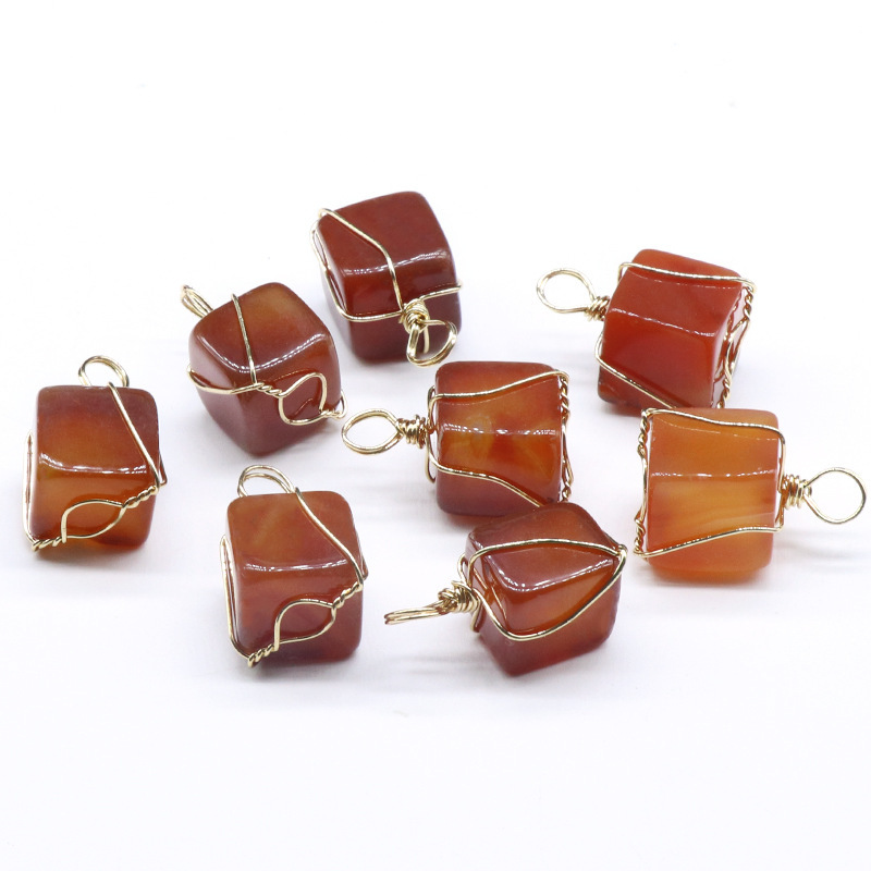 Irregular small square red agate wire-wrapped square pendant Simple European and American style leather rope necklace