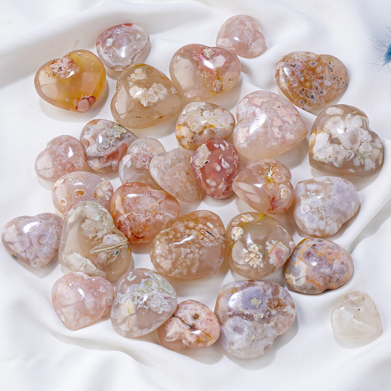 Natural crystal cherry blossom agate love heart handle piece crystal raw stone ore peach heart shaped specimen