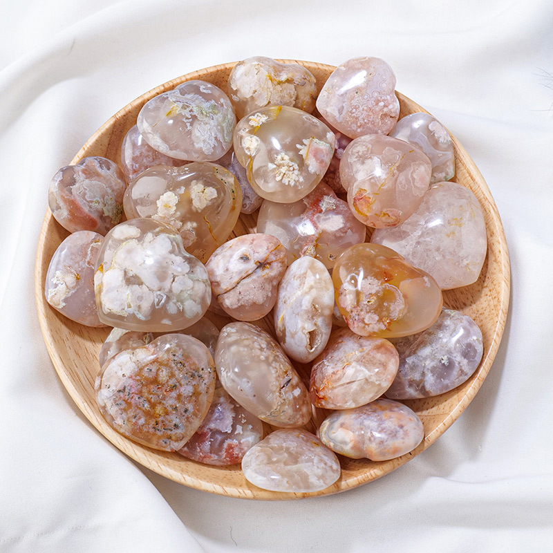 Natural crystal cherry blossom agate love heart handle piece crystal raw stone ore peach heart shaped specimen
