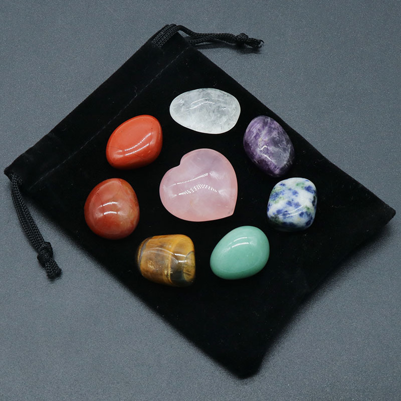 Natural crystal colorful irregular stones 7 pieces Pink crystal 30mm love velvet bag set