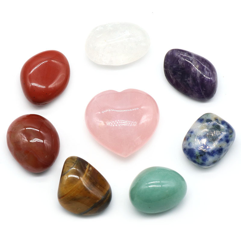 Natural crystal colorful irregular stones 7 pieces Pink crystal 30mm love velvet bag set