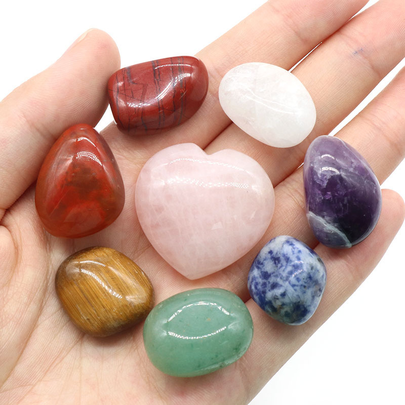 Natural crystal colorful irregular stones 7 pieces Pink crystal 30mm love velvet bag set