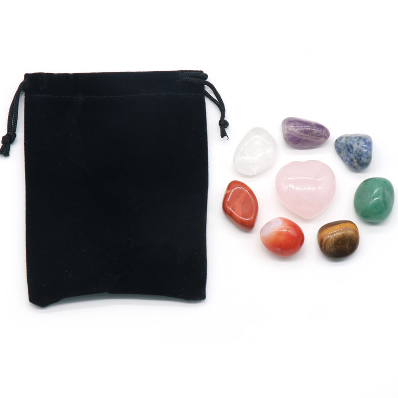 Natural crystal colorful irregular stones 7 pieces Pink crystal 30mm love velvet bag set