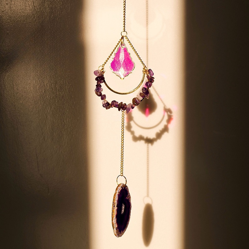 Natural crystal gravel horizontal moon creative garden wind chime lighting pendant