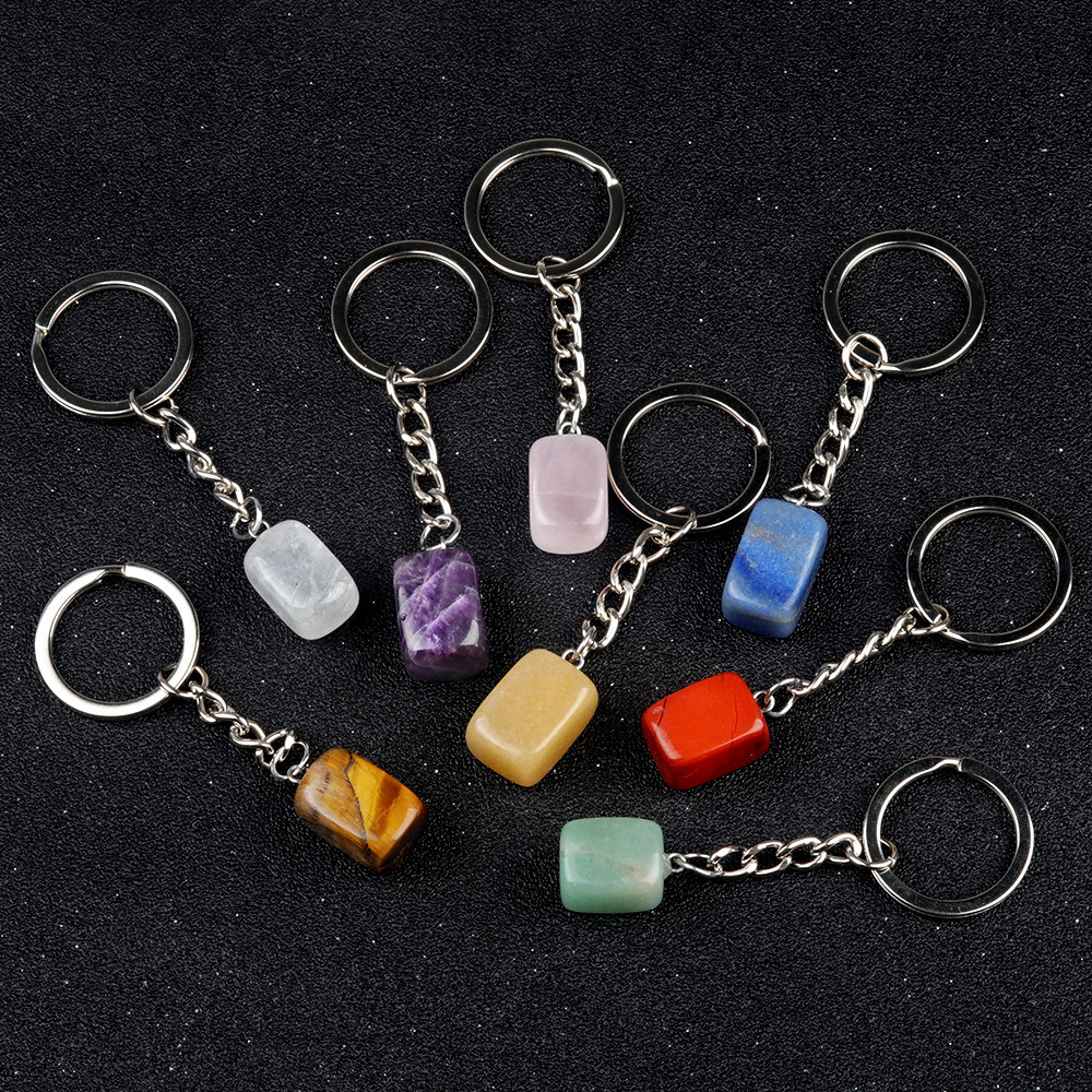 Natural crystal colored stone irregular 16mm rectangular keychain DIY crystal gem pendant