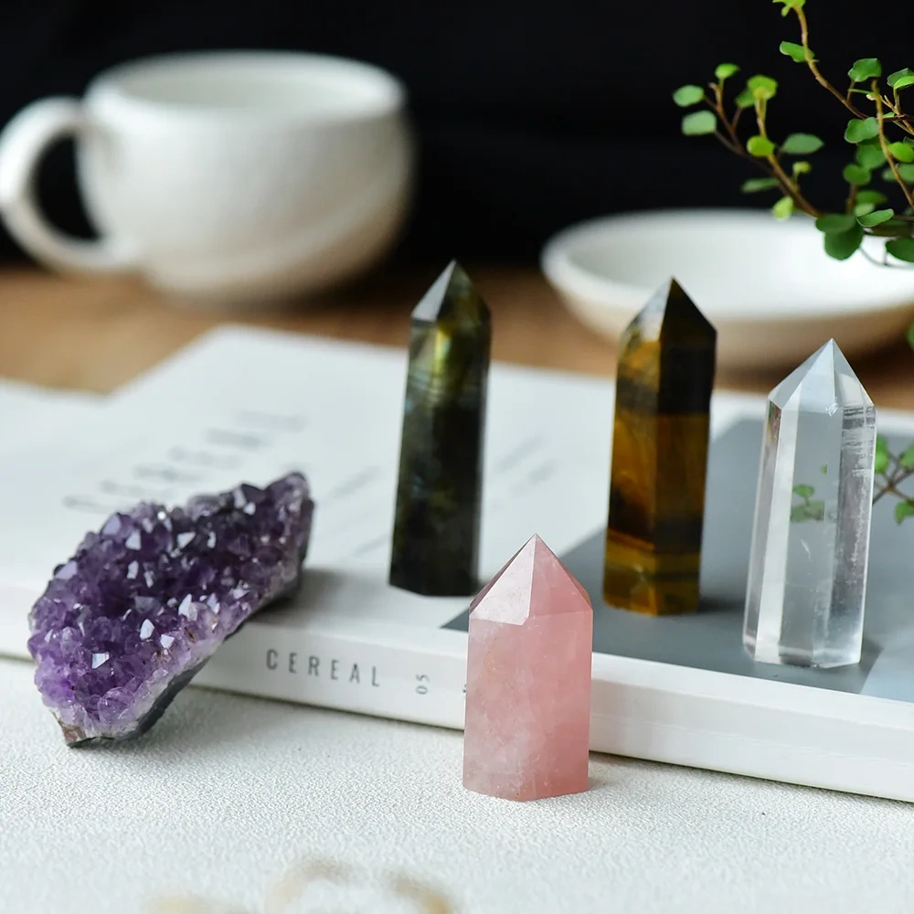 1set  Natural Rose quartz Hexagonal Column amethyst cluster Healing Wand Mineral Crystal point  Study Home Decoration Stone
