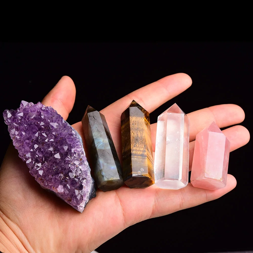 1set  Natural Rose quartz Hexagonal Column amethyst cluster Healing Wand Mineral Crystal point  Study Home Decoration Stone