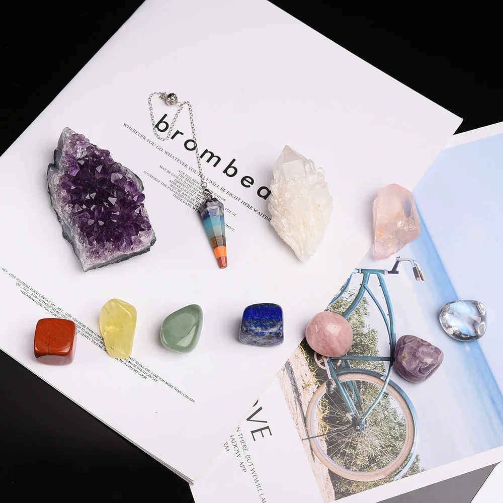 11pc Natural Amethyst Cluster Quartz Crystal Mineral Specimen Healing Stones Rough Ore Seven chakras therapy stone wooden gift