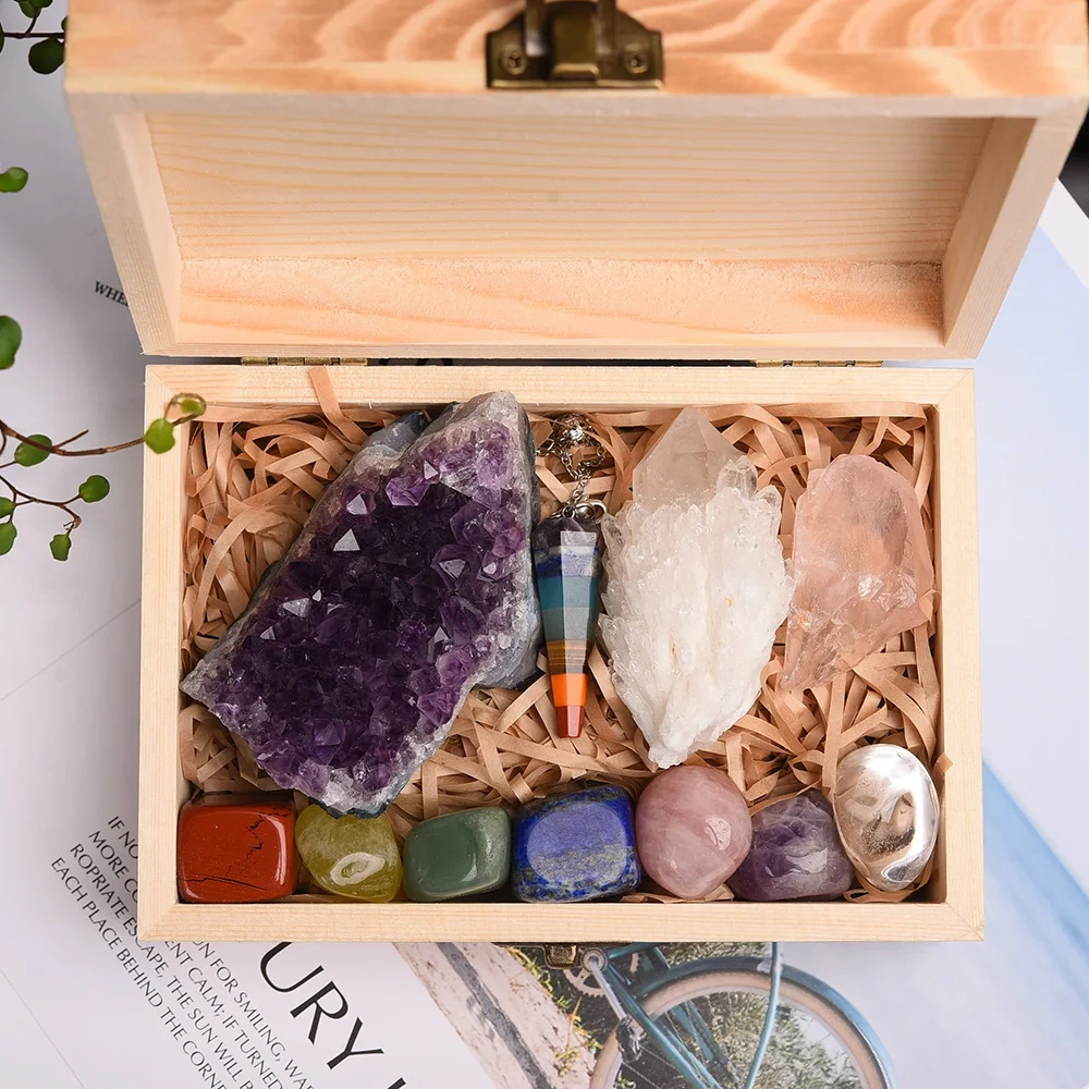 11pc Natural Amethyst Cluster Quartz Crystal Mineral Specimen Healing Stones Rough Ore Seven chakras therapy stone wooden gift