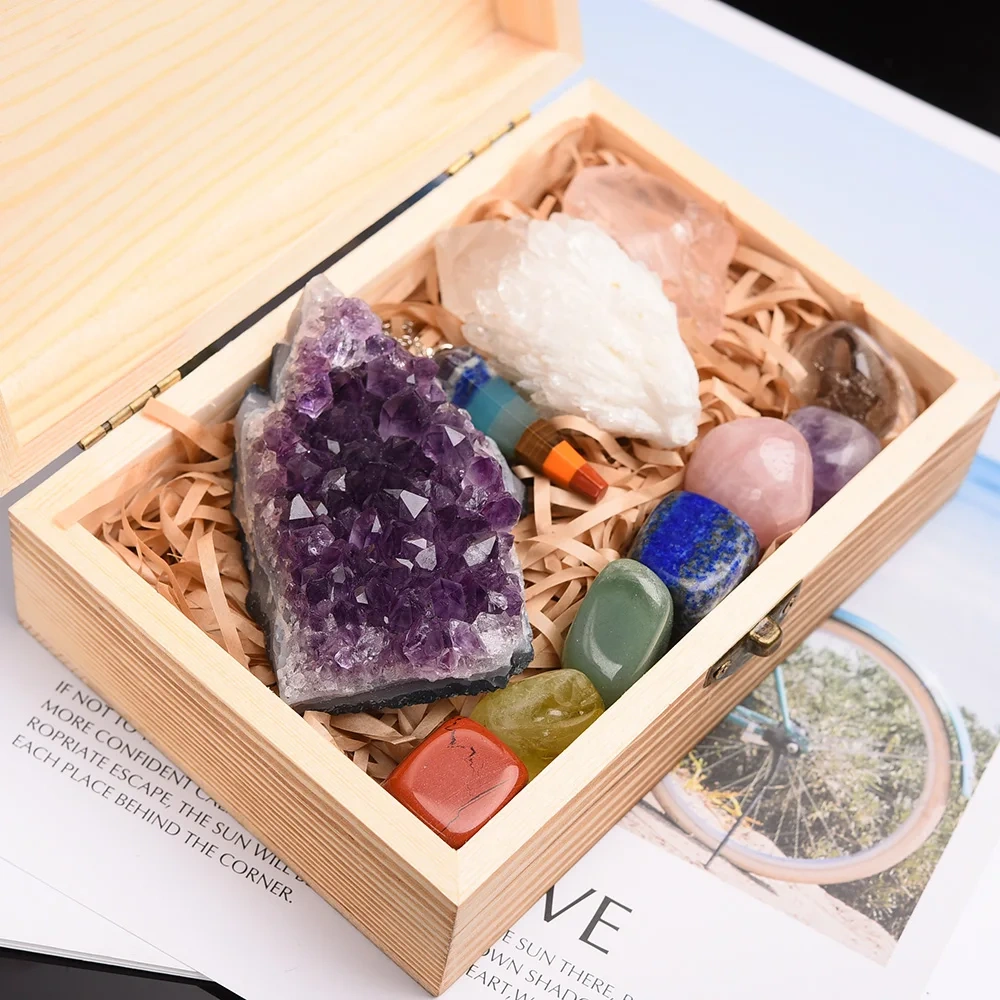 11pc Natural Amethyst Cluster Quartz Crystal Mineral Specimen Healing Stones Rough Ore Seven chakras therapy stone wooden gift