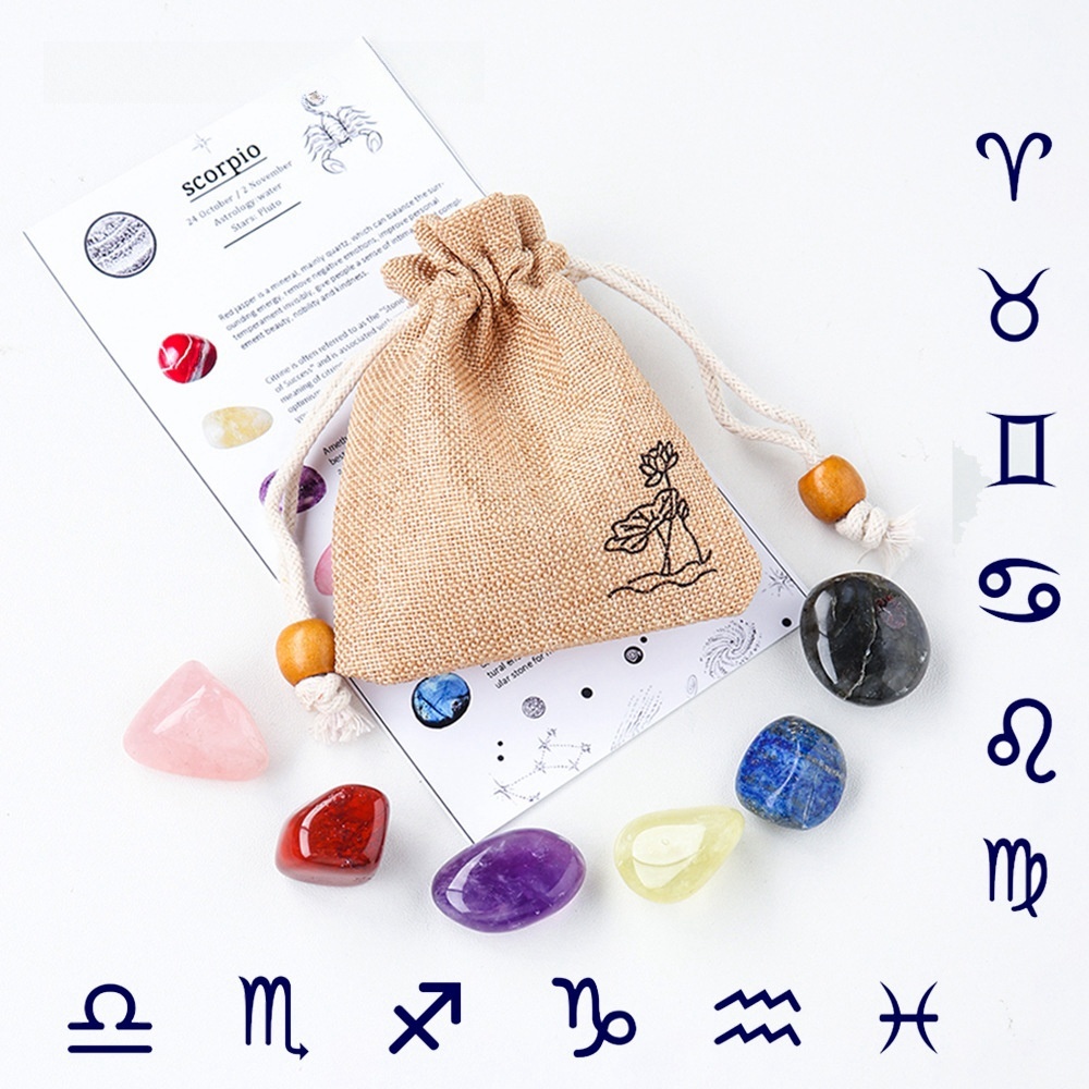 Natural crystal raw stone ore twelve constellations cloth bag set DIY mineral specimen