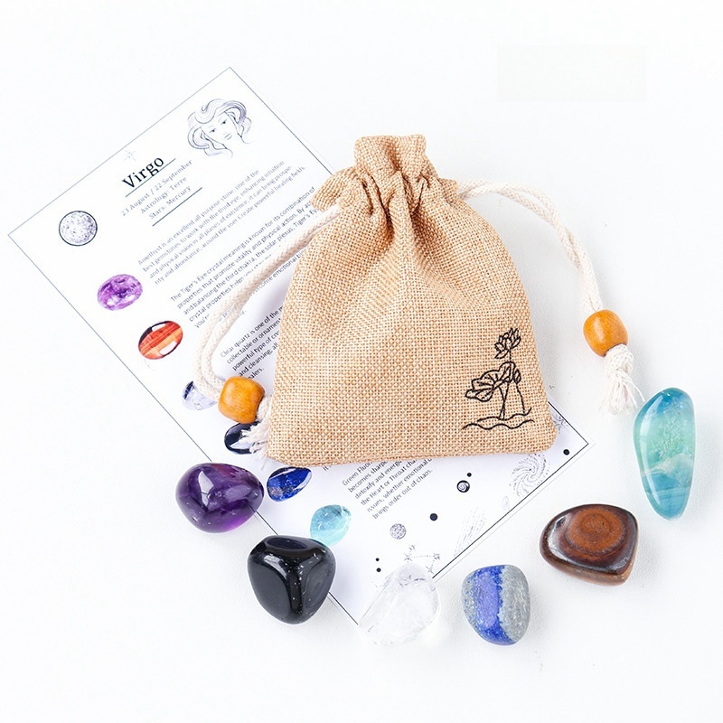 Natural crystal raw stone ore twelve constellations cloth bag set DIY mineral specimen
