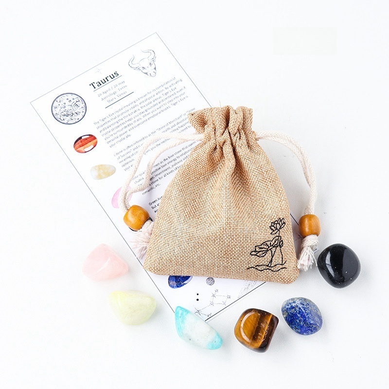 Natural crystal raw stone ore twelve constellations cloth bag set DIY mineral specimen