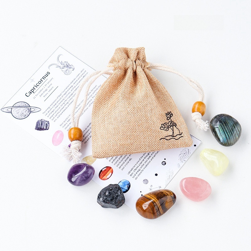 Natural crystal raw stone ore twelve constellations cloth bag set DIY mineral specimen